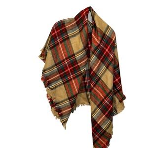 J crew red khaki Scottish tartan Plaid Fringe Shawl scarf